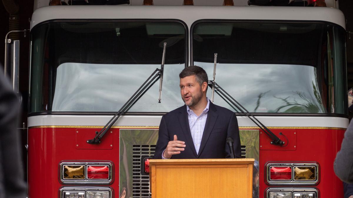 Congressman Ryan speaking in front of Fire Station